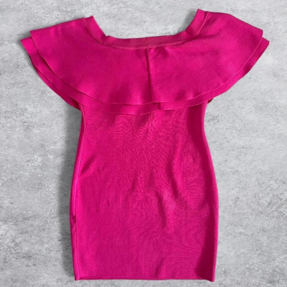 Endless Rose Fuchsia Pink‎ Off the Shoulder Ruffle Knit Bodycon Mini Dress M